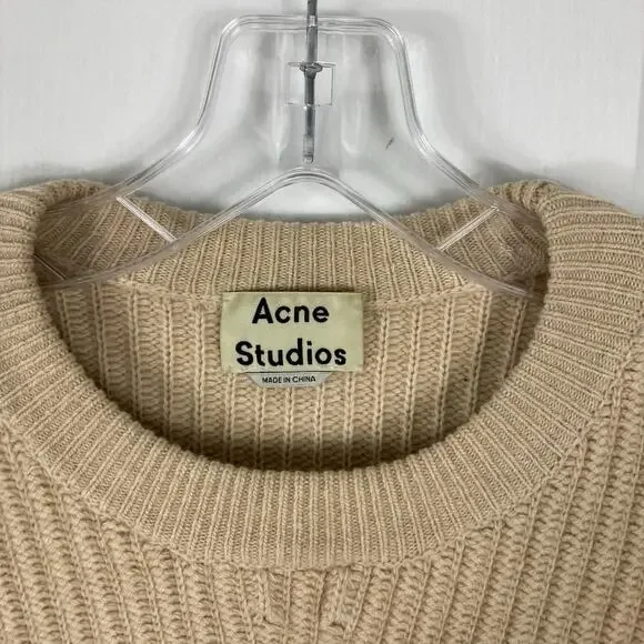 ACNE STUDIOS Sweater Women M Beige Wool Oversized Zip-Sides Ribbed Cropped”Jave”